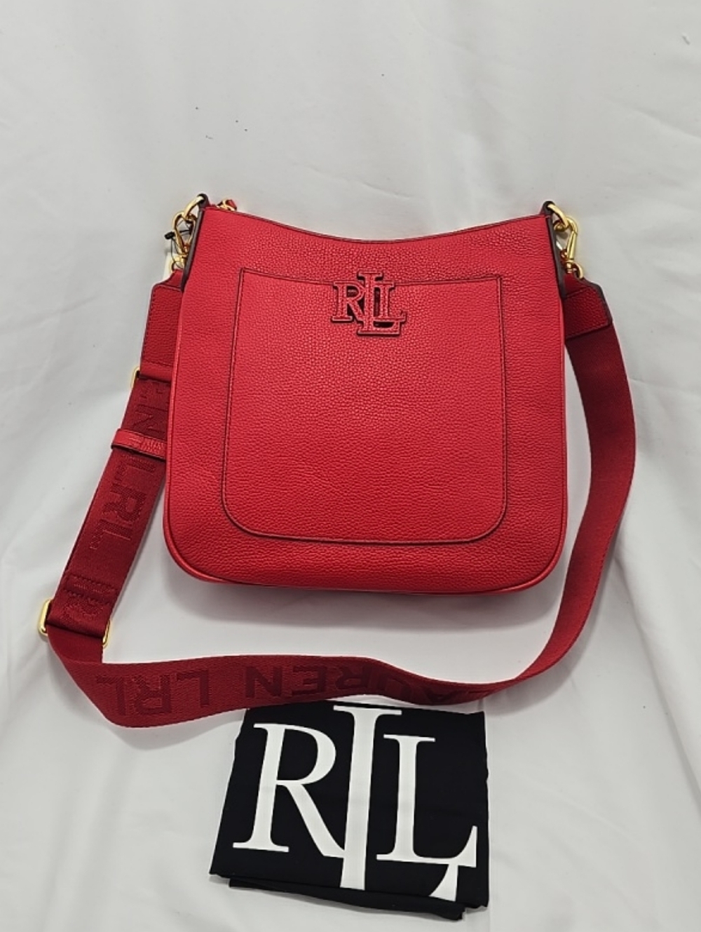 NWT Lauren Ralph Lauren Cameryn Pebbled Leather Crossbody Bag Red With Dustbag